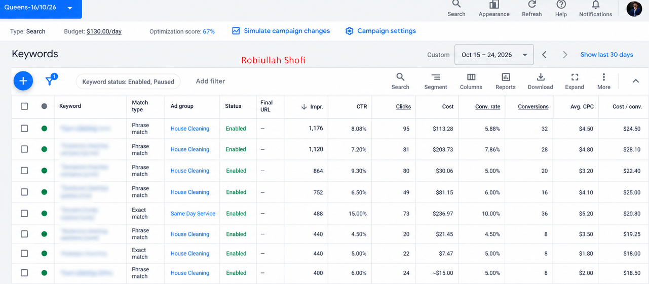 Google Ads screenshot for High-Intent Keyword Strategy for Commercial Cleaning Ads